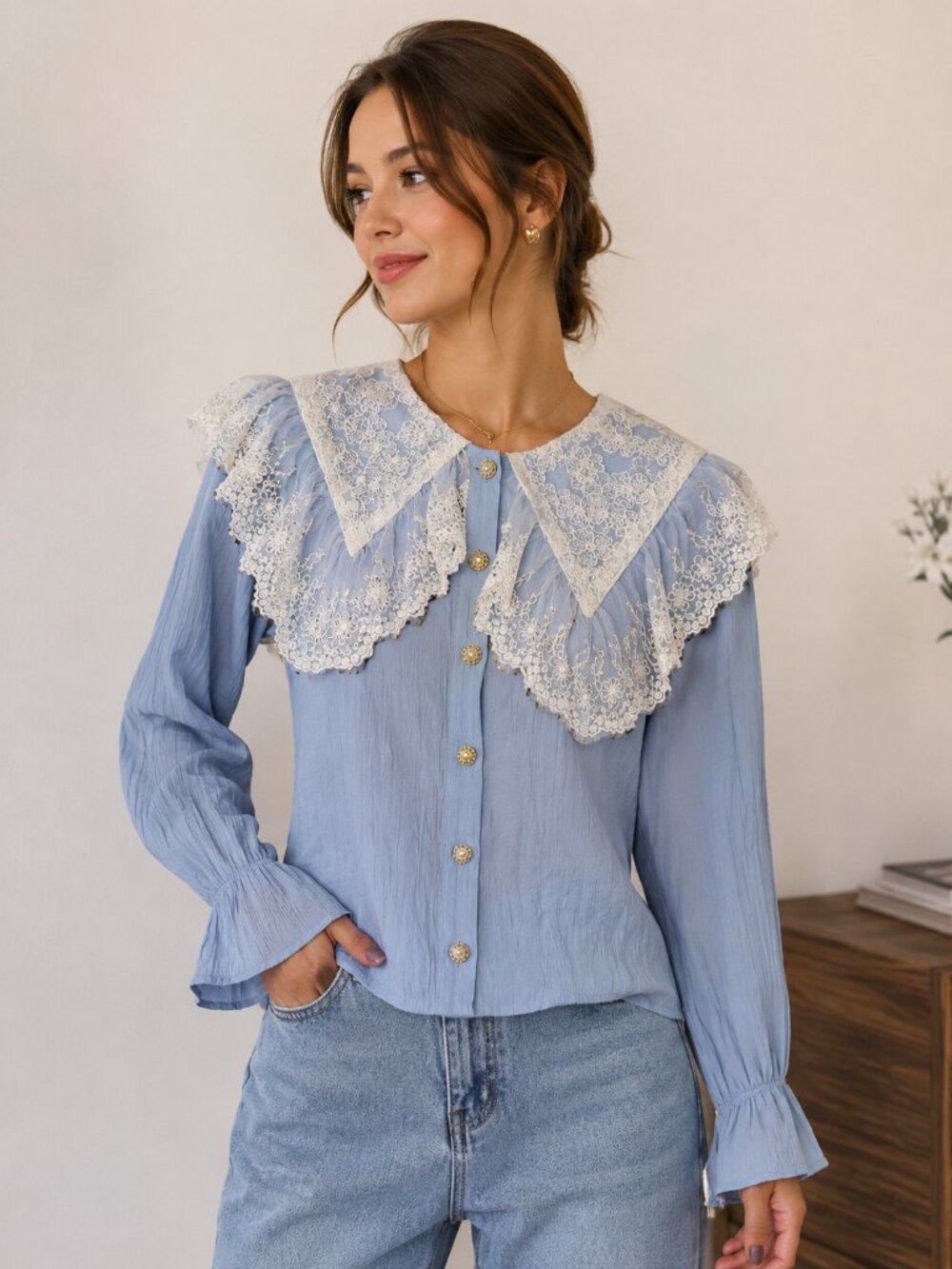 NWT JING Light Blue Lace Collar Long Sleeve Button Front Blouse One Size